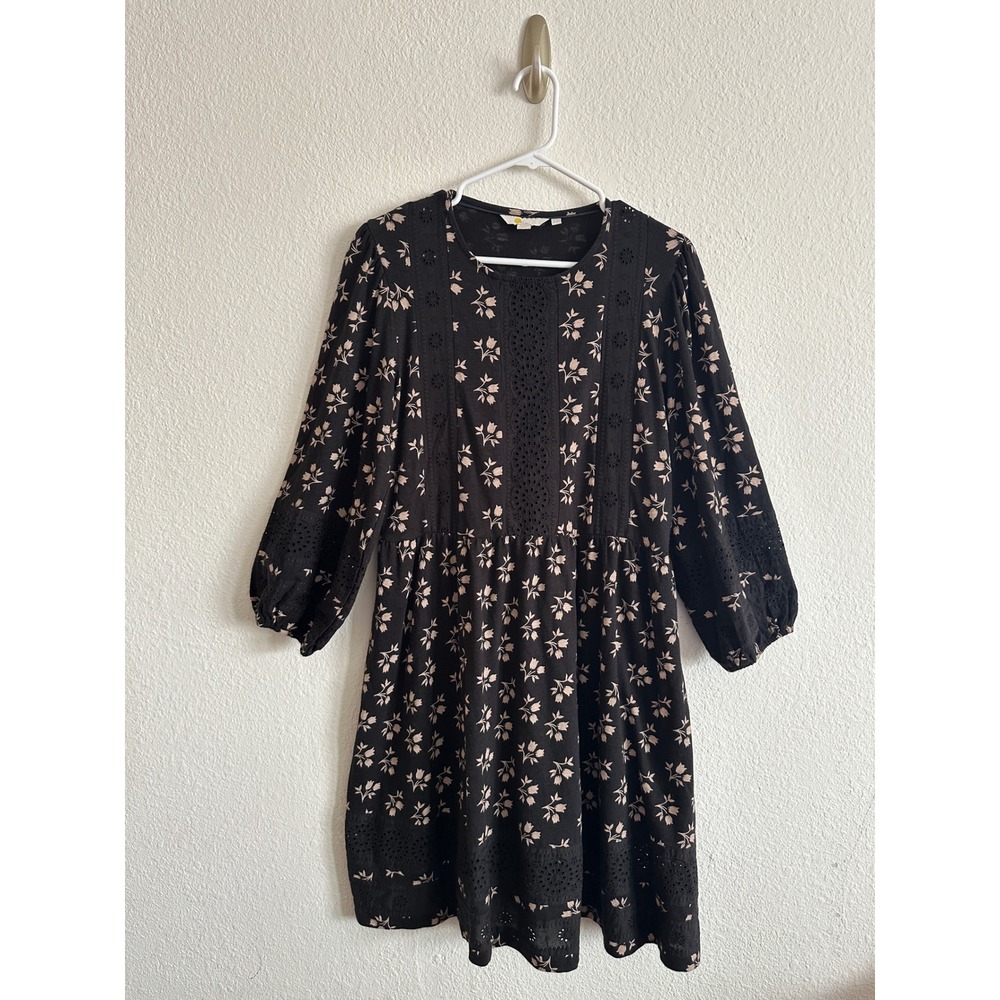 Boden Black Floral Long Sleeve Pockets Eyelet Dress Boho Cottagecore US 10R
